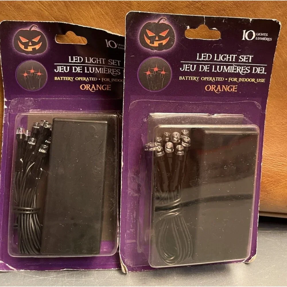 2~Orange 10 LED Light Set Indoor Use 3.6 ft Long Party Halloween Battery